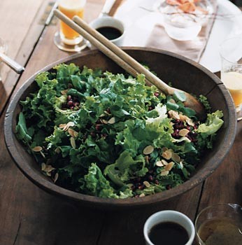 Green leaf lettuce, pomegranate, and almond salad