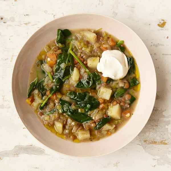 Green lentil and spinach stew