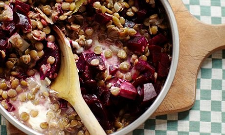 Green lentil risotto with beetroot and horseradish