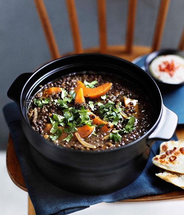 Green lentil soup with pumpkin and harissa