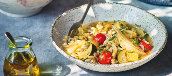 Green lentil, vegetable and orzo stew