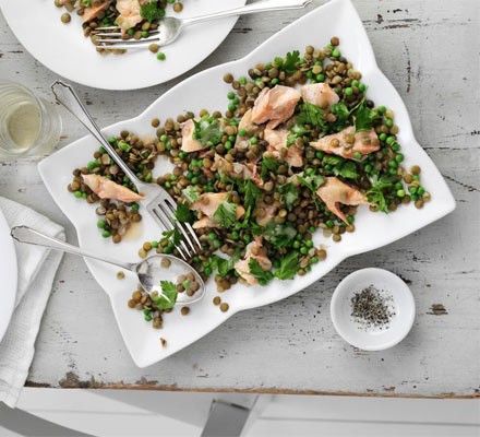 Green lentils with peas, parsley, capers and hot-smoked trout