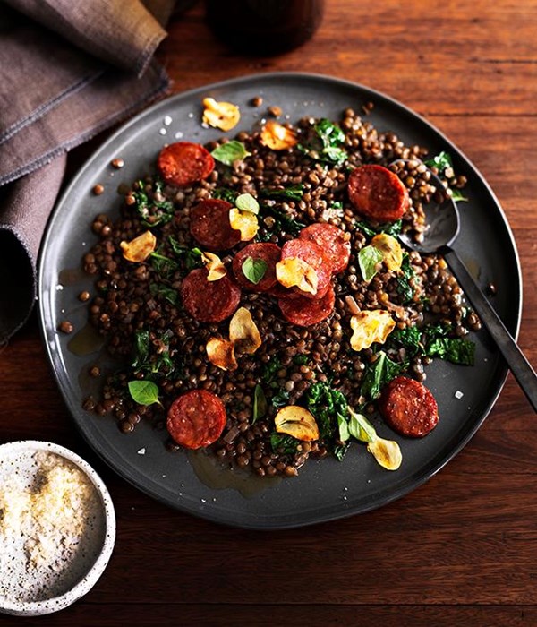 Green lentils with salami and cavolo nero
