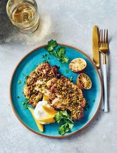 Green mango and pistachio cauliflower steaks