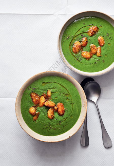 Green mean bean miso soup with curried crispy butter beans
