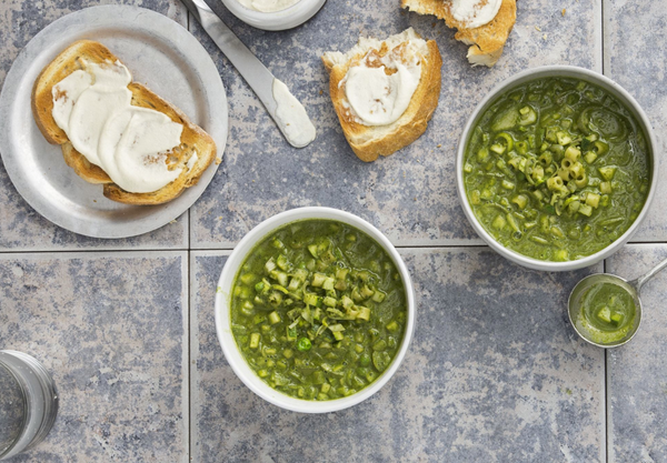 Green minestrone with kohlrabi, olives, and spinach pesto