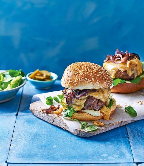 Green olive cheeseburgers with slow-cooked onions