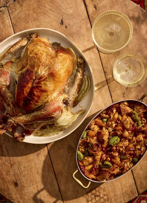 Green olive, roasted hazelnut and bacon tray stuffing