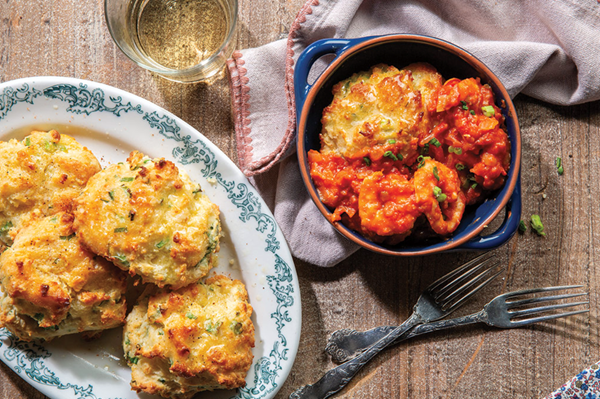 Green onion drop biscuits with shrimp and tomato gravy