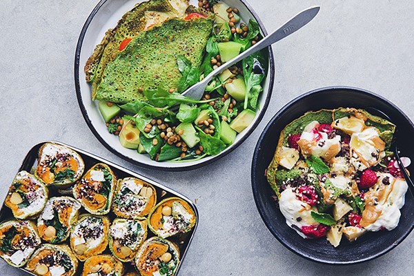 Green pancakes (aka spinach crêpes)– three ways [Gruyere, mustard & lentil pancake melt; sweet potato & za'atar pancake picnic rolls; sweet pancake banana split]