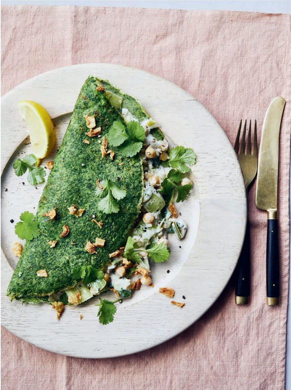 Green pancakes with Indian spiced leeks and chickpeas