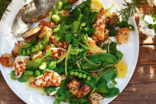 Green panzanella with haloumi