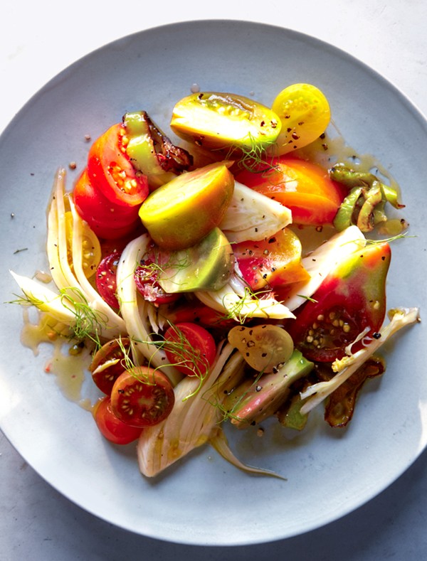 Green panzanella with pickled shallot
