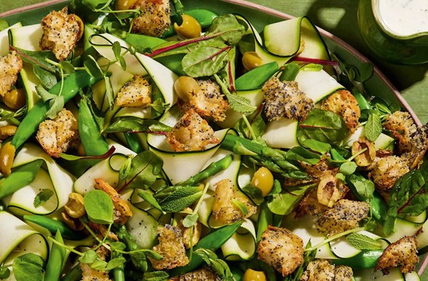 Green panzanella with poppy seed croutons