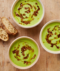 Green pea and coconut soup with soy sunflower seeds