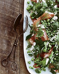 Green pea and fava bean salad with sliced speck