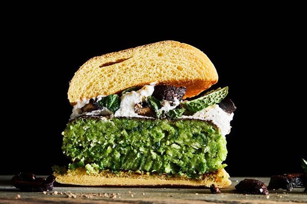 Green pea burgers with ricotta & crispy mushrooms