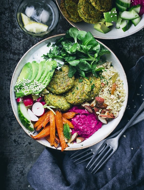 Green pea falafel bowl