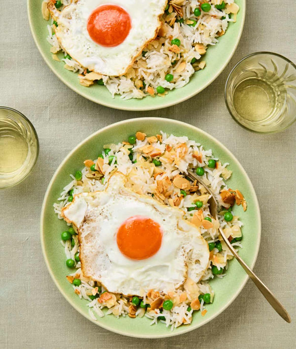 Green pea pulao with cardamom and almonds