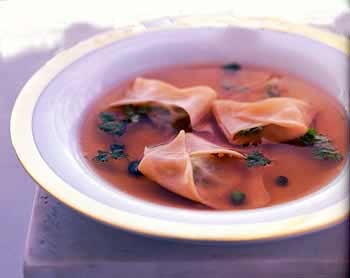 Green-pea ravioli in lemon broth