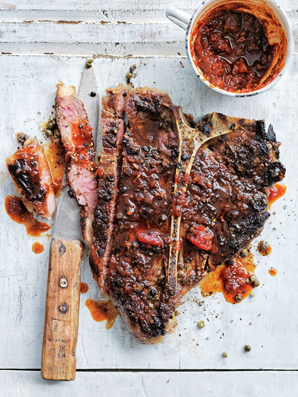 Green peppercorn T-bone steaks with smoky barbecue relish