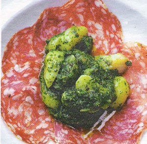 Green potato salad, fennel salami