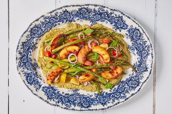  Green romesco sauce with barbecued nectarines and asparagus