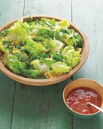 Green salad with grilled corn, cheese, basil, and grilled-tomato vinaigrette