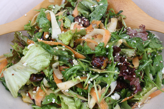 Green salad with shaved parsnip, carrot, apple and honey roasted walnuts