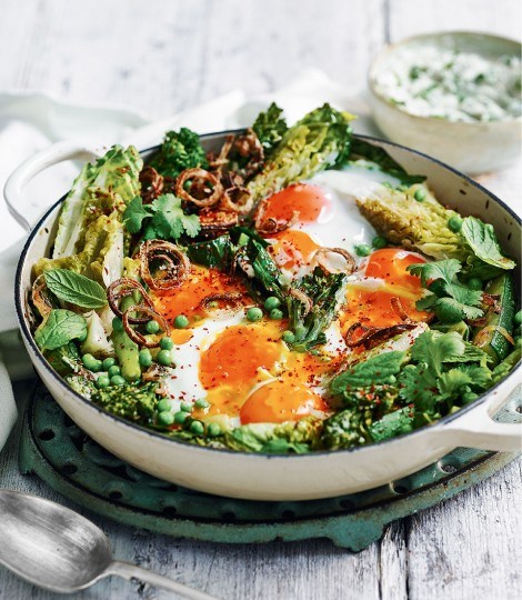 Green shakshuka with brown butter yogurt