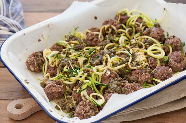Green "spaghetti" & meatballs