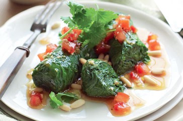 Green spring rolls with tomato, soy & lime dressing
