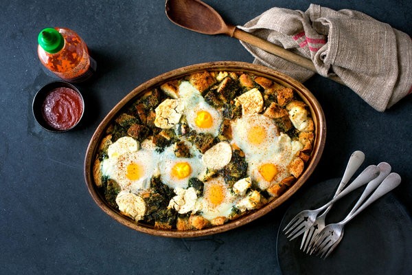 Green strata with goat cheese and herbs