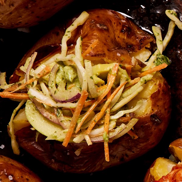 Green tahini slaw jacket potato filling