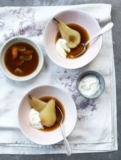Green tea and mandarin poached pears