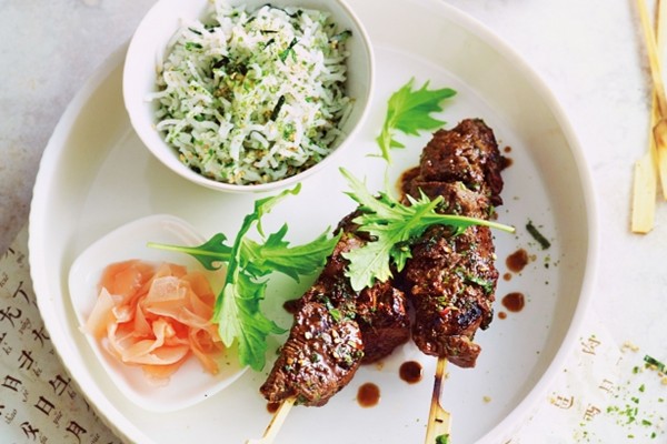 Green tea beef yakitori with Japanese seasoned rice