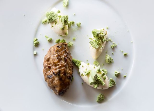 Green tea meringue with tipsy prune ganache
