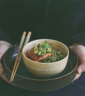 Green tea noodles and arame seaweed with teriyaki smoked eel and avocado
