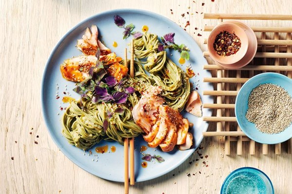 Green tea noodles with sticky sweet chilli salmon