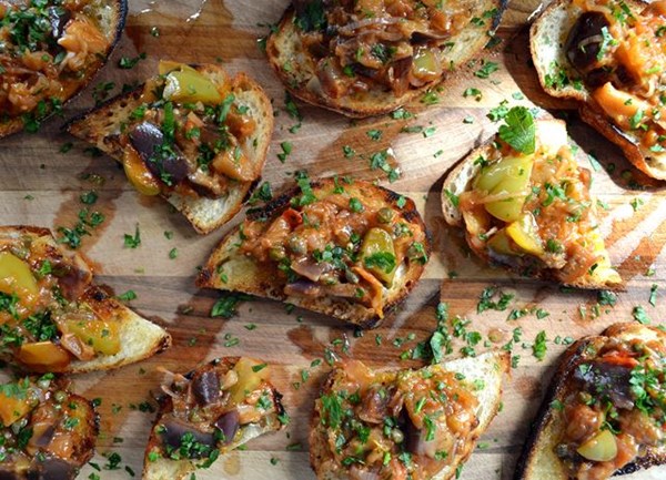 Green tomato caponata bruschetta