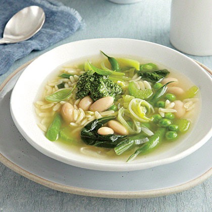 Green vegetable soup with lemon-basil pesto