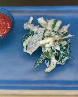 Green vegetable tempura with spiced tomato chilli pickle