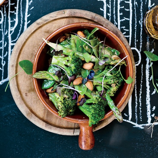 Green vegetables with dukka and tahini dressing