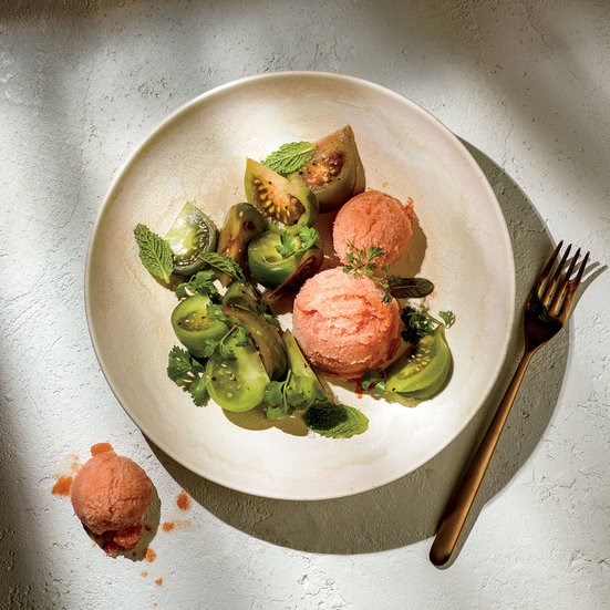 Green zebra tomatoes with tomato-dashi sorbet