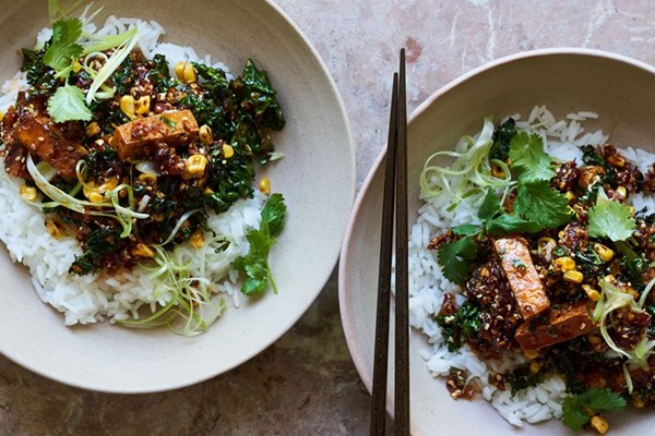 Greens and caramelised tofu with XO sauce