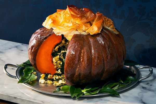 Greens-and-cheese-stuffed Cinderella pumpkin