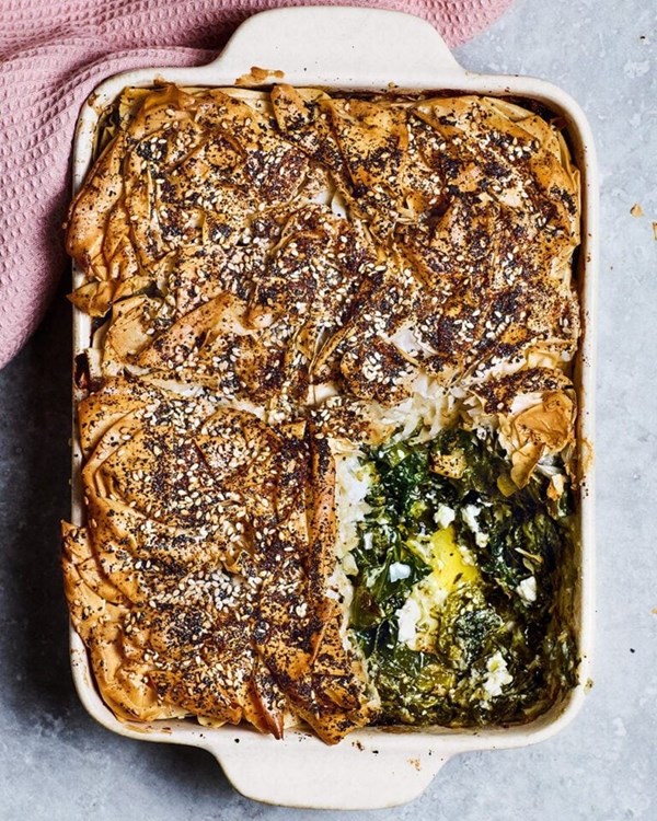 Greens and goat's cheese 'everything' crinkle pie