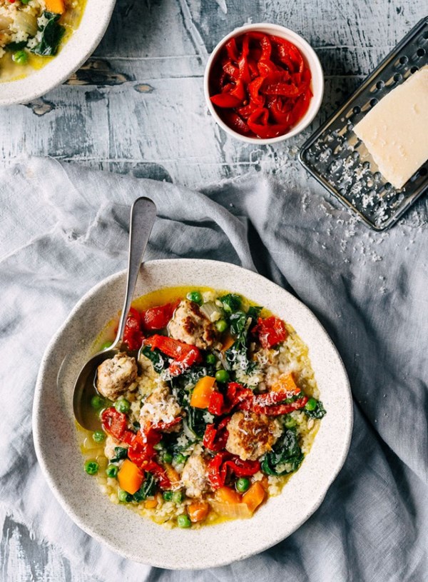 Greens and stelline soup with pork and thyme meatballs