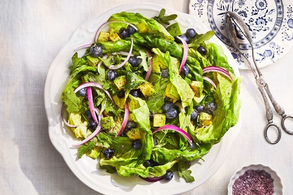 Greens, avocado, and blueberry salad