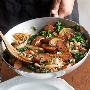 Greens, cannellini beans, and andouille sausage pan stew